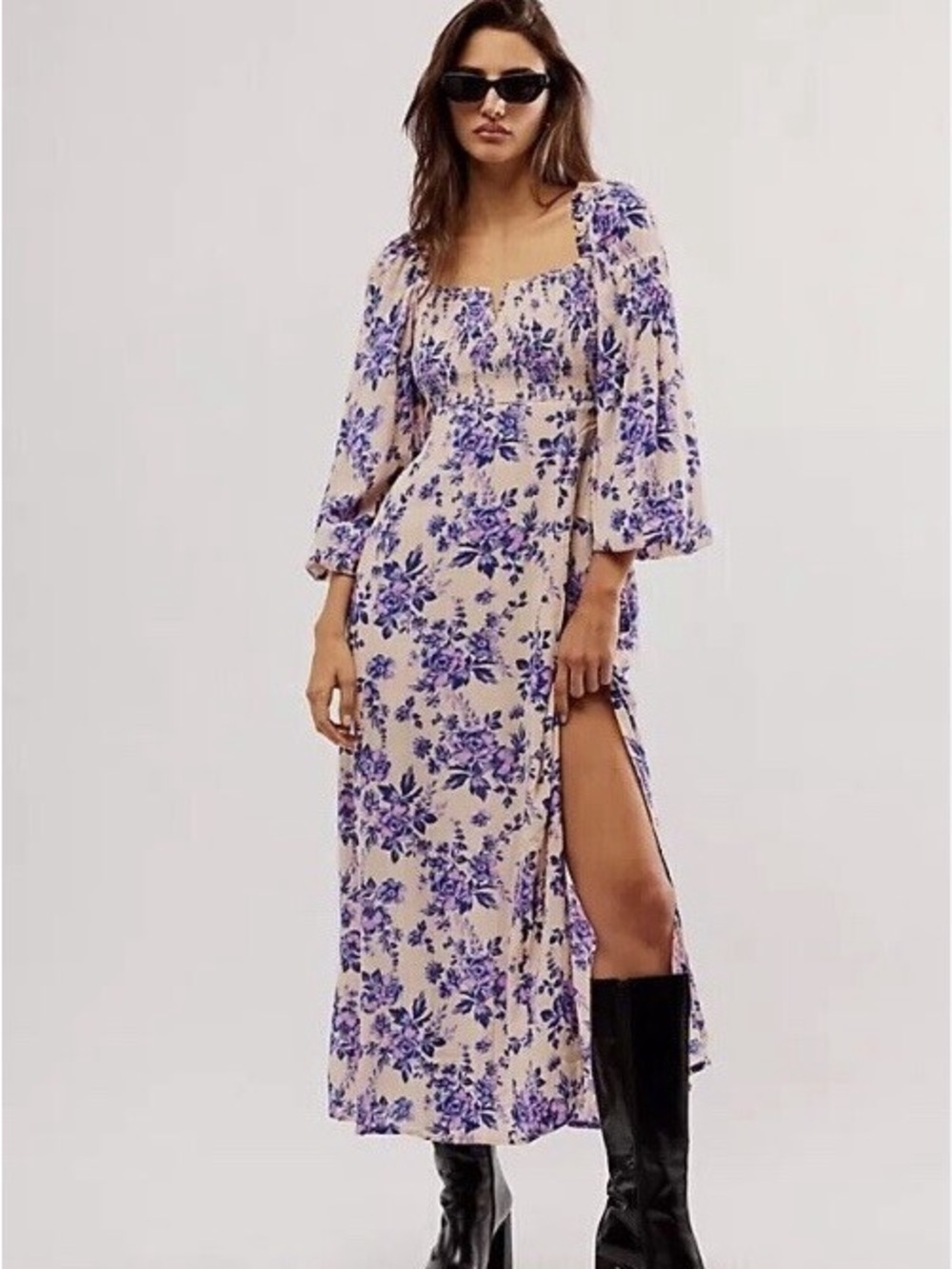 Free People Lilac Floral Square-Neck Maxi Dress